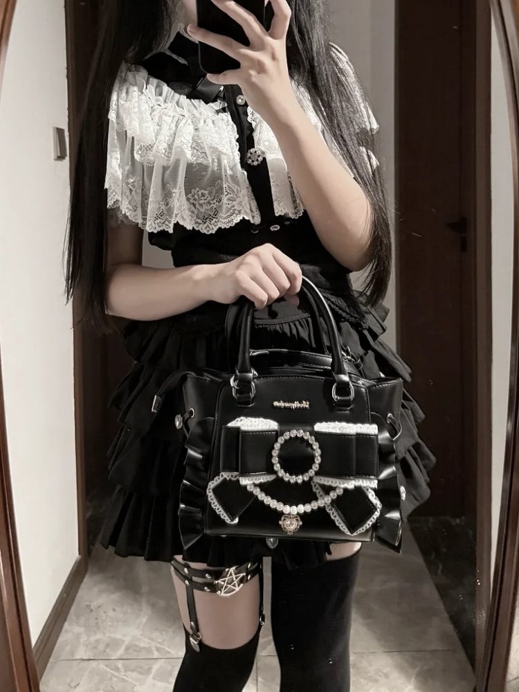 Jirai Kei Pink/Black Big Bow Handbag with Beaded Chain and Heart Rhinestone Charm