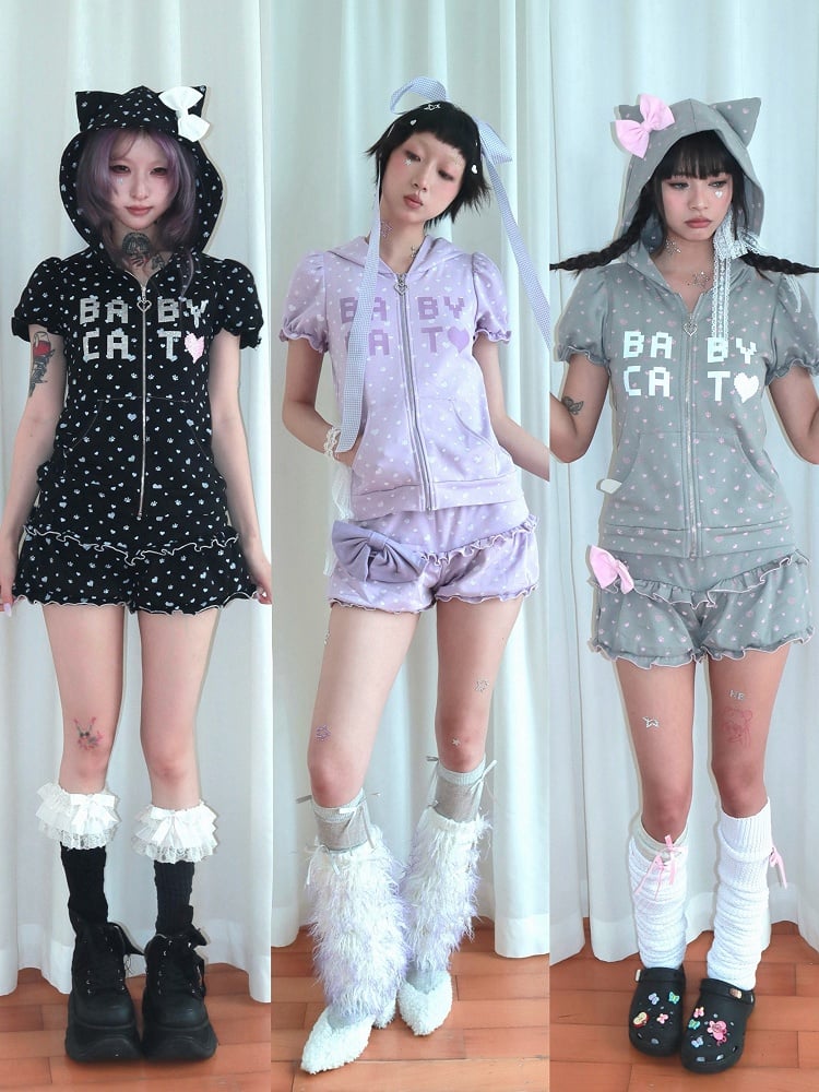 Bow Patterns Black with Large Heart Detachable Hoodie Cat-Ear Paw