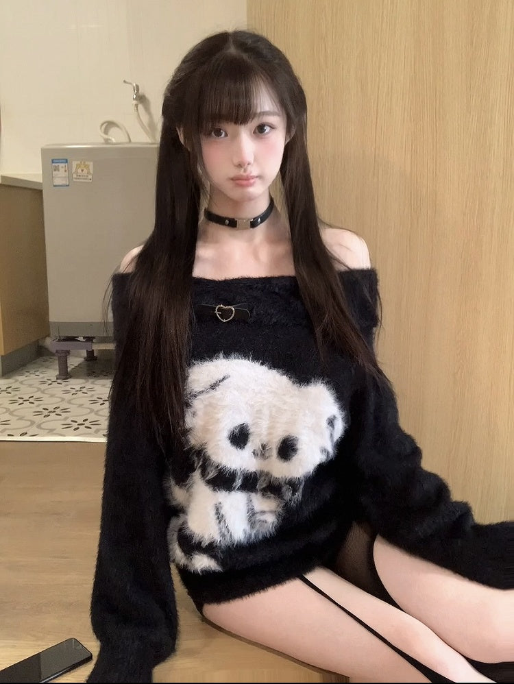 Off-Shoulder Plush Puppy Sweater with Sweetheart Buckle Adorable Black