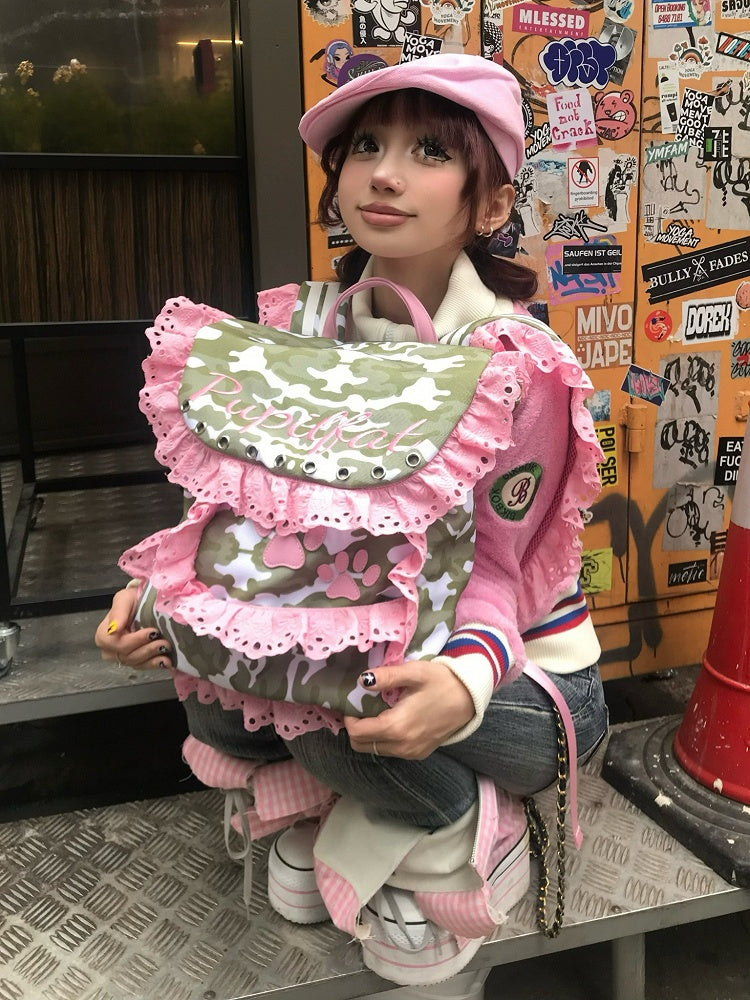 Rucksack mit Spitzenbesatz in Camouflage-Kontrastrosa