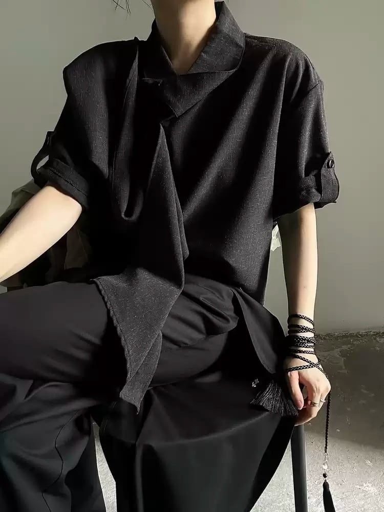 Cascading Shirt Prince Buttoned Black Placket Ribbon Short Embellishments Sleeves