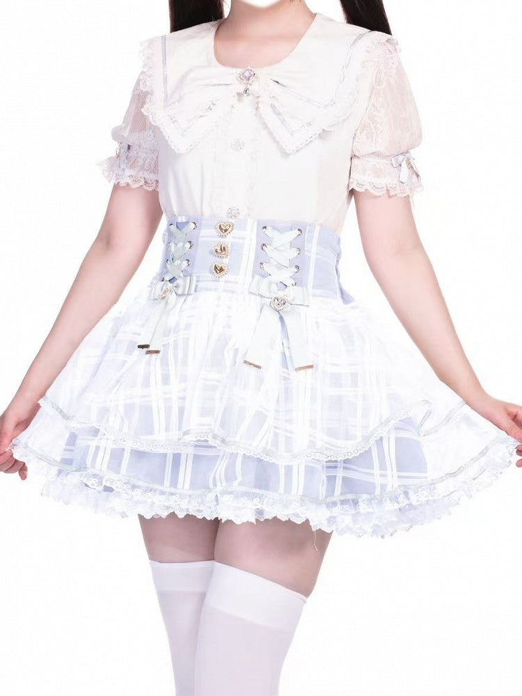 with High in Kei Triple-Layer Organza Blue Plaid Jirai Light Lace-up Waist Skirt