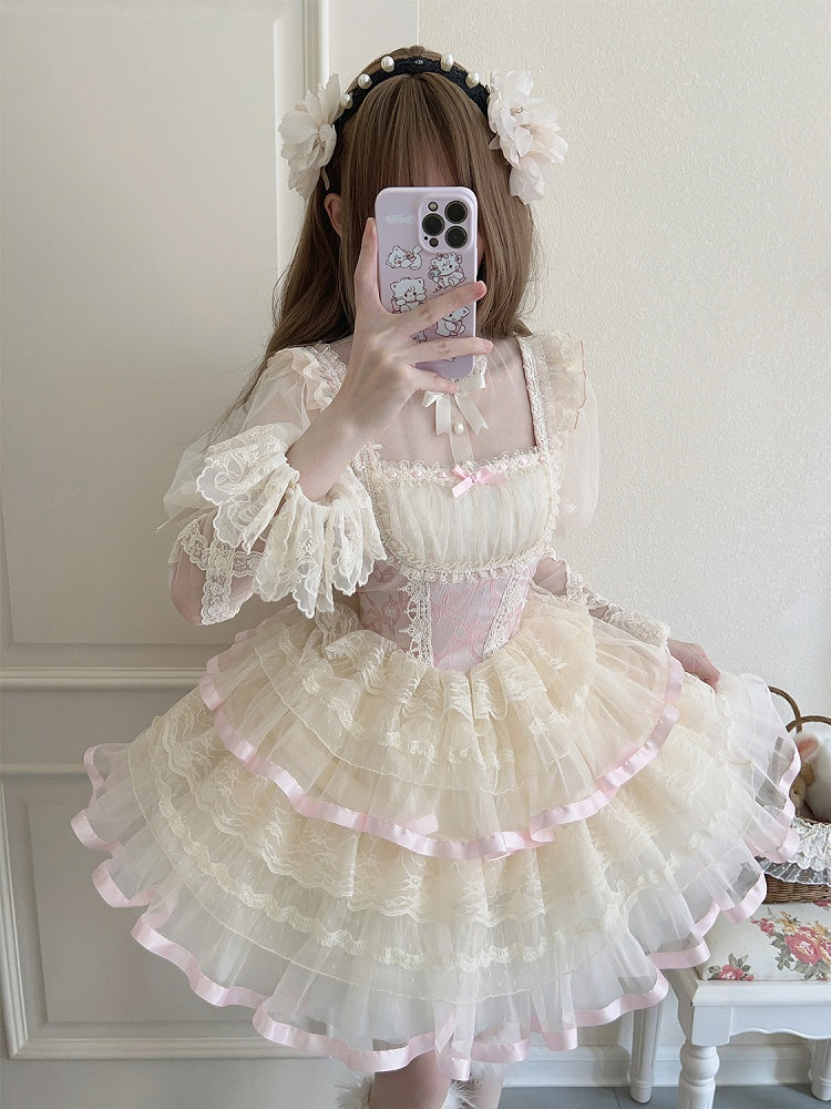 Waist Balletcore Print Bows Jumper Pink Skirt Basque Lolita
