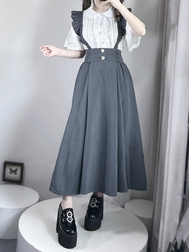 Short Bead Peter SleevesRuffled Jirai Collar Kei Blouse:Tiered Button Pan White Placket