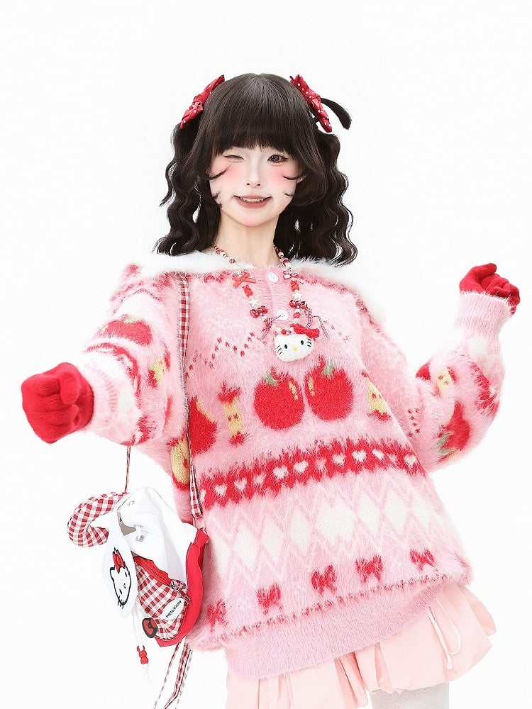 Daily Christmas Apple in Purple Bow with Pink/Light Patterns Kawaii Sweater