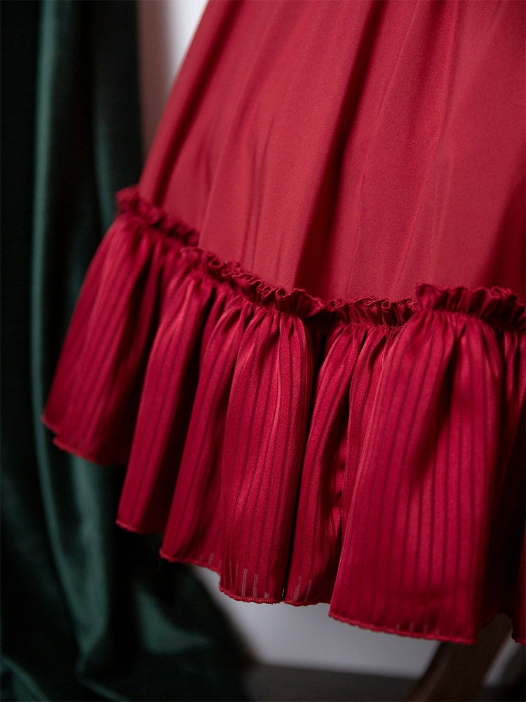 Flounce Underskirt Red Hemline Waist Shirring