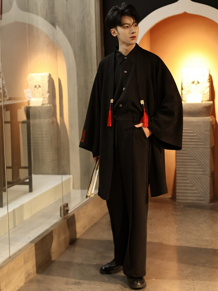 Unisex Details Coat Style with Chinese Sleeves Fringe Black Print Baggy Tree Long Mountain