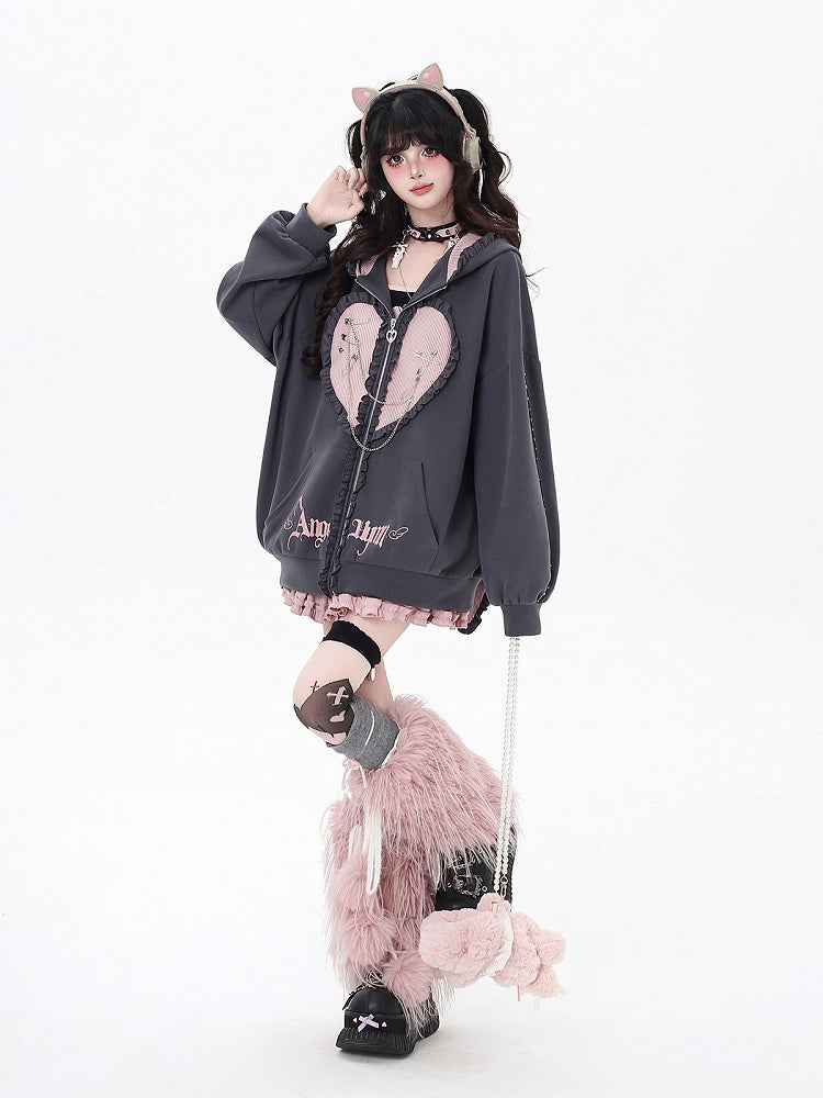 Black/Gray Ruffle Trim Zip-Up Hoodie with Bunny Ears and Sweetheart Applique