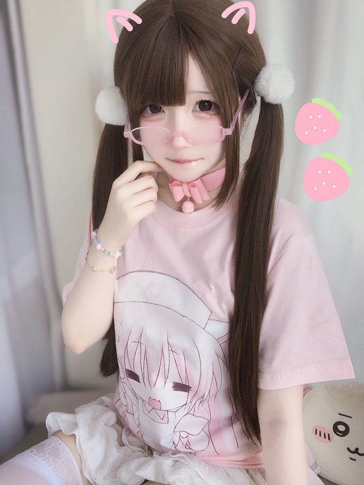 Ear Pink with Cat Pattern Neck Nurse Cotton Crew T-shirt