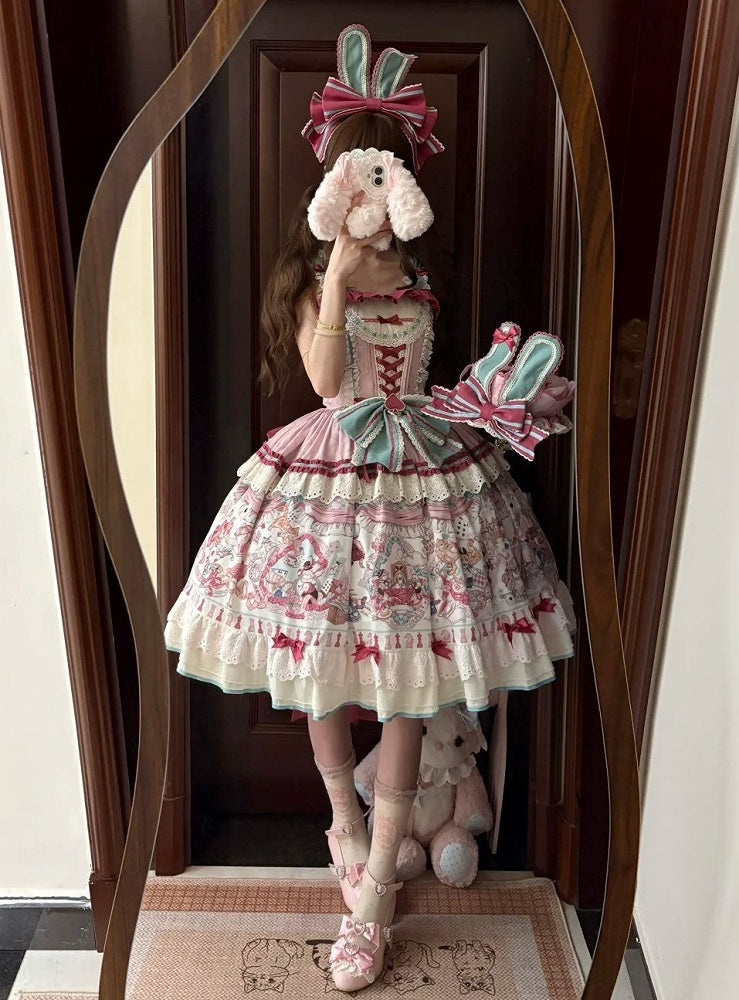 Pink & Green Alice Cat Vibes Sweet Lolita Jumper Skirt with Polka-dot Apron - Mewroco