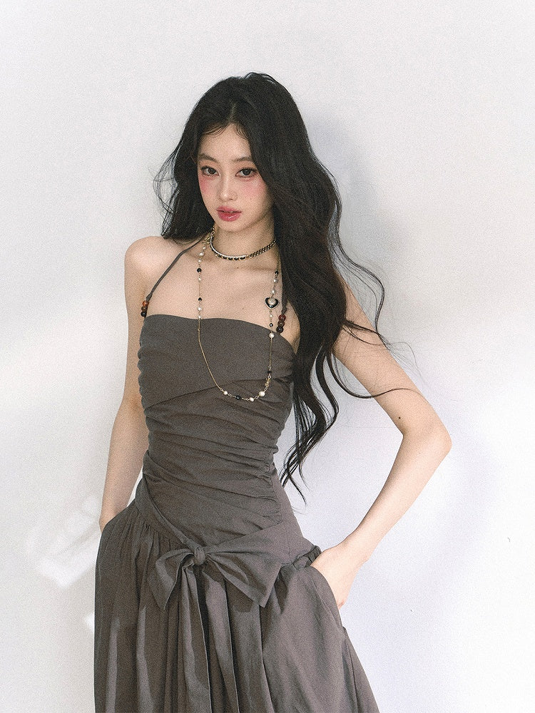 Pink/Graues Neckholderkleid mit Rüschendesign und Schleife zum Selbstbinden