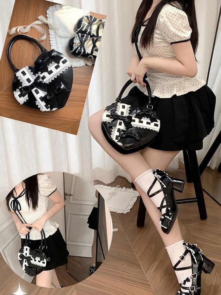 PU Hem Bow Sweet Straps Heart-shaped Hand Accents Bag Black Scalloped - Lolita