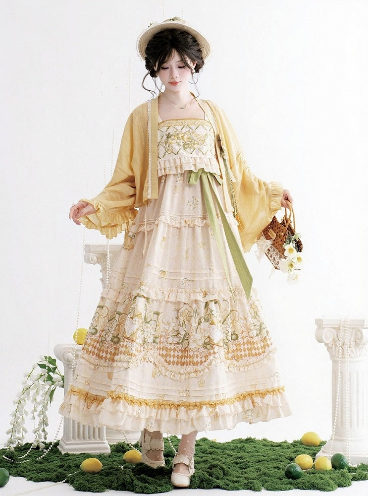 Yellow Bell Sleeve Lolita Outerwear with Hanfu Element Detail & Ruffled Trim Design - Luo Xiu Dong Xiang