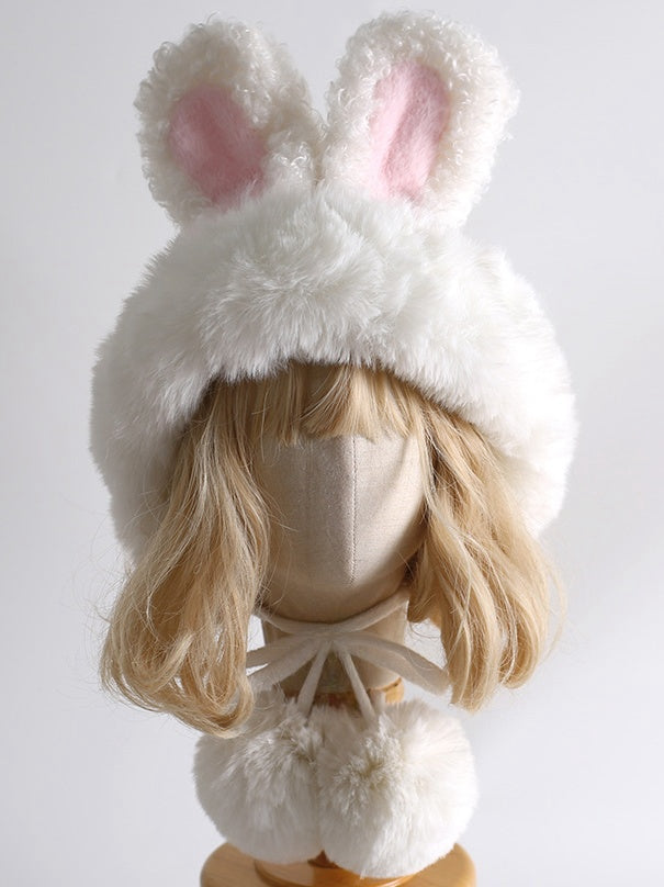 White Sweet Lolita Bunny Ears Plush Hat With Pompons