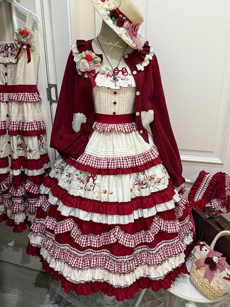 White Strawberry Dress Embroidery Red Ruffles Layered Sweet with Lolita