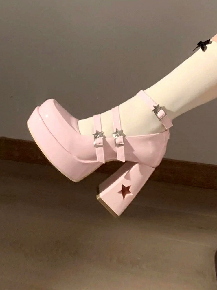 Ausschnitt im Fersendesign im Pink-Stil – Janes Y2K Bow Moon Star Leather Mary Platform PU