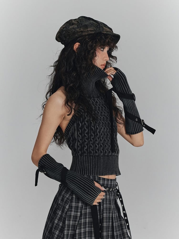 Sleeveless Black with Turtleneck Punk Thumbhole Sweater Detachable Sleeves Backless