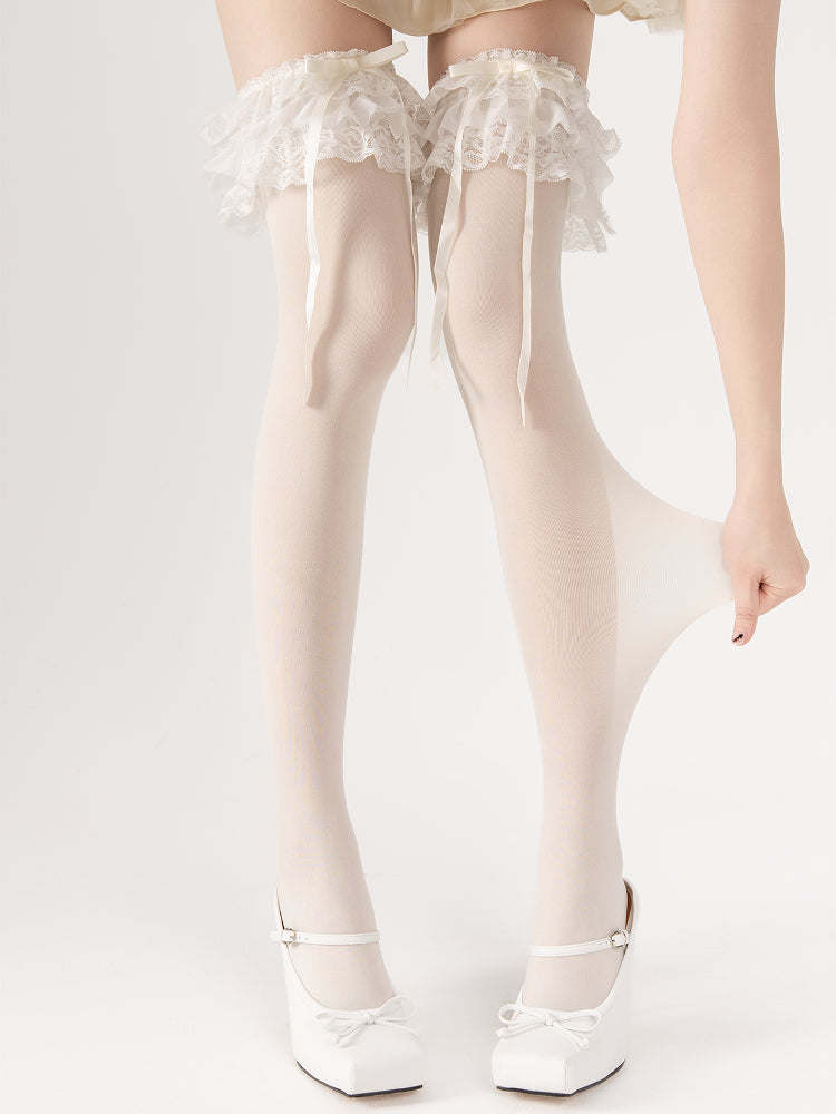 Creamy Multi-Layer Large White/White/Black Stockings Bow Ruffle Decoration Lolita Lace with