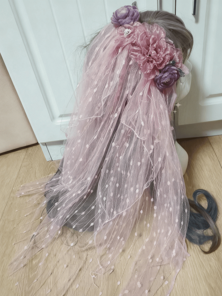 Dreamy Floral Pink-Purple Tulle Lolita Veil Polka Dot