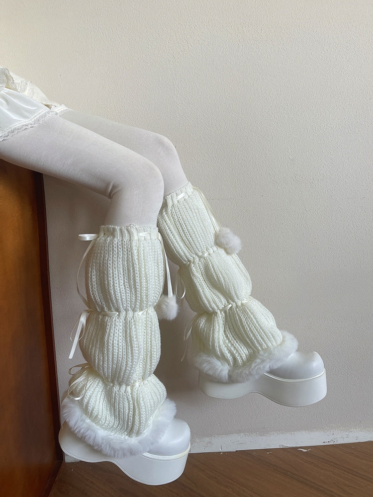 Ribbon Knitted Pom-Pom White/Black Plush-Trimmed Decorations and with Warmers Leg