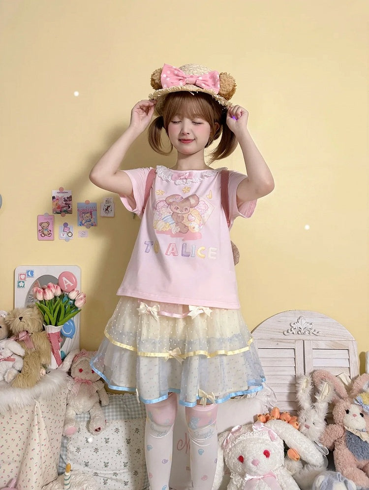 Tüll-Stufenrock mit Schleifenakzenten, Gelb, gepunktet, Rosa