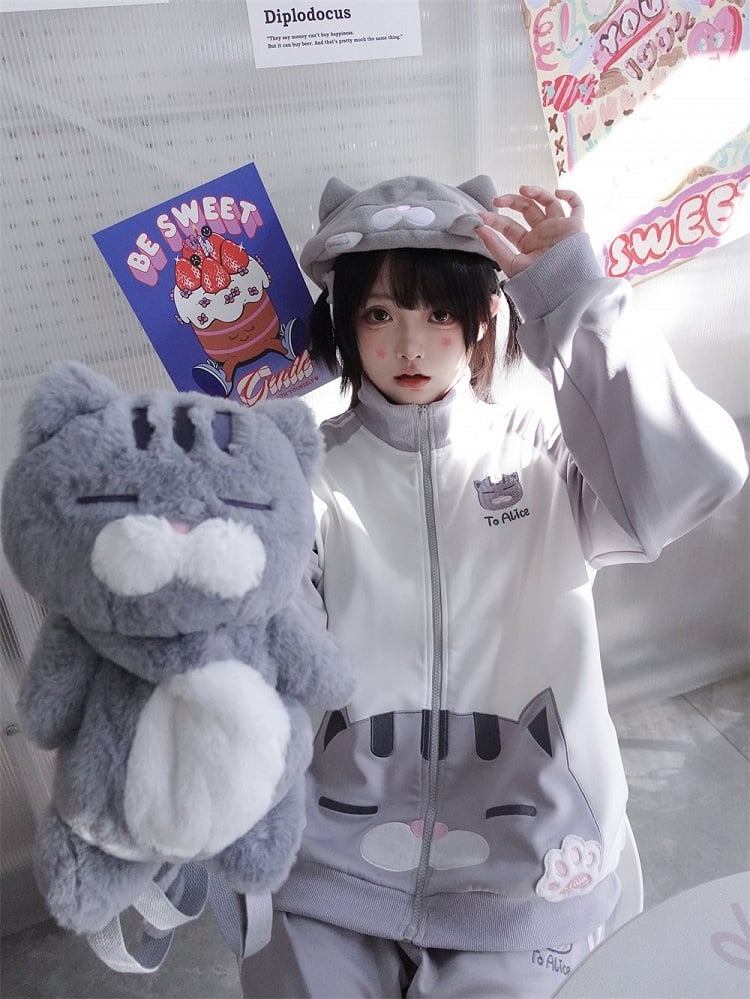 Jacket Kawaii Cat White with Gray Embellishments