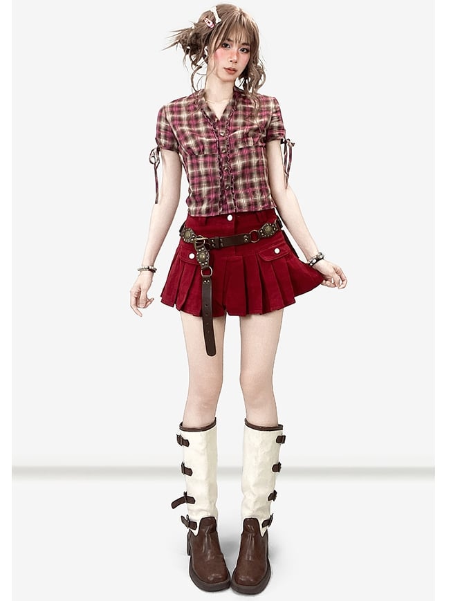 チェック柄袖フリルトリム柄シャツ Vネック Y2K ショートパンツ レッドブラウン