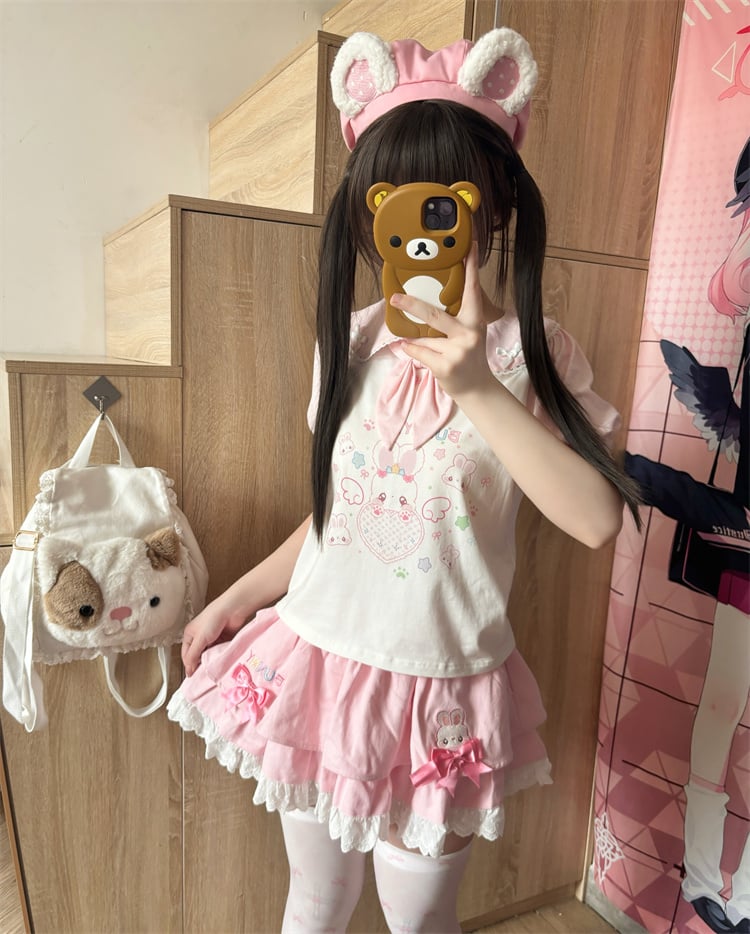 ネクタイTシャツ耳ハートバニーピンクホワイトピーターパンカラーバニー