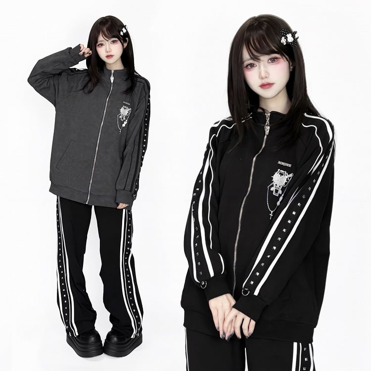 Stud Casual Kei Pants with Decorations Jirai Black Striped