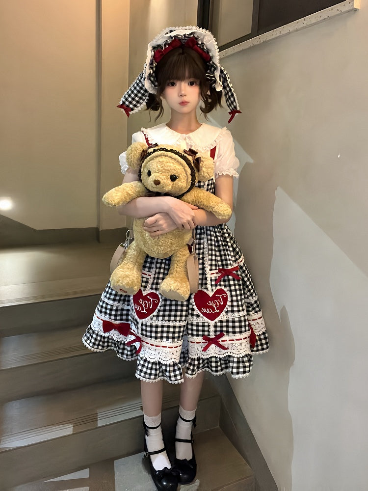 Altes Lolita-Kleid aus Baumwolle, weiß, schwarz, karierter Rock, Pullover und Schule