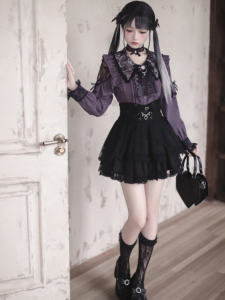 Kei Collar Gothic Black and Style Pointed Blouse: Dark Purple Cutouts with Royal Lace Jirai