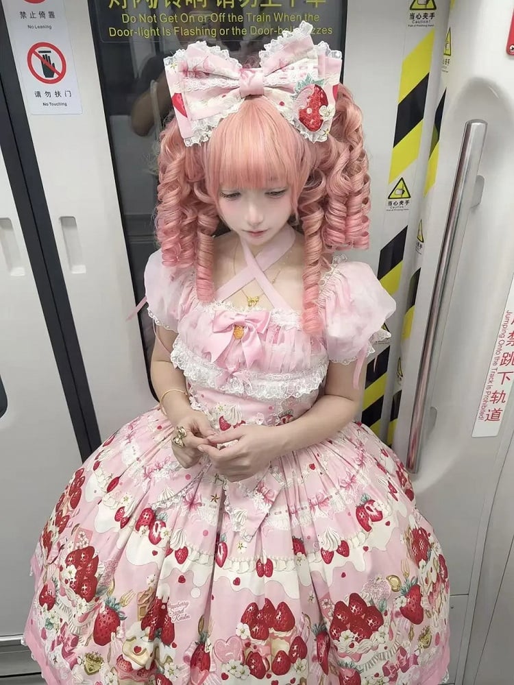 Rosa Printkleid Lolita Cake Kurze Ärmel Süße Erdbeere