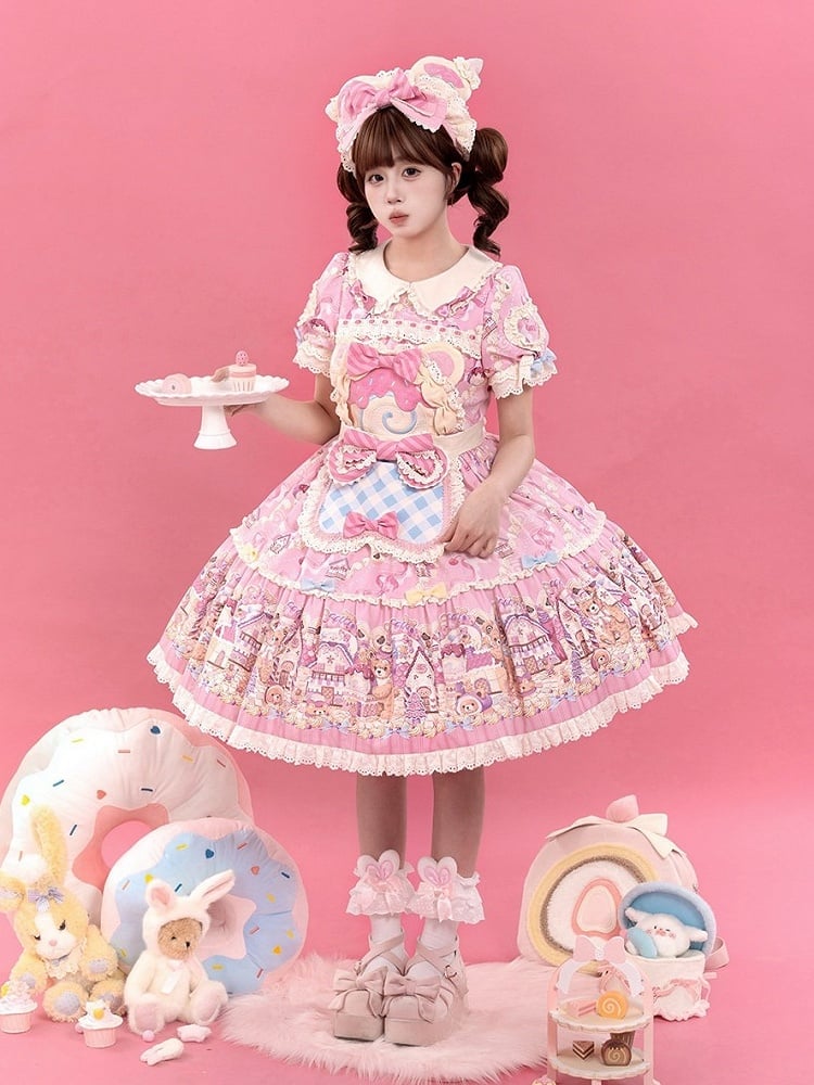 Bear Cake Theme Sweet Lolita OP Dress with Floral Print Skirt & Lace Trim - Mewroco