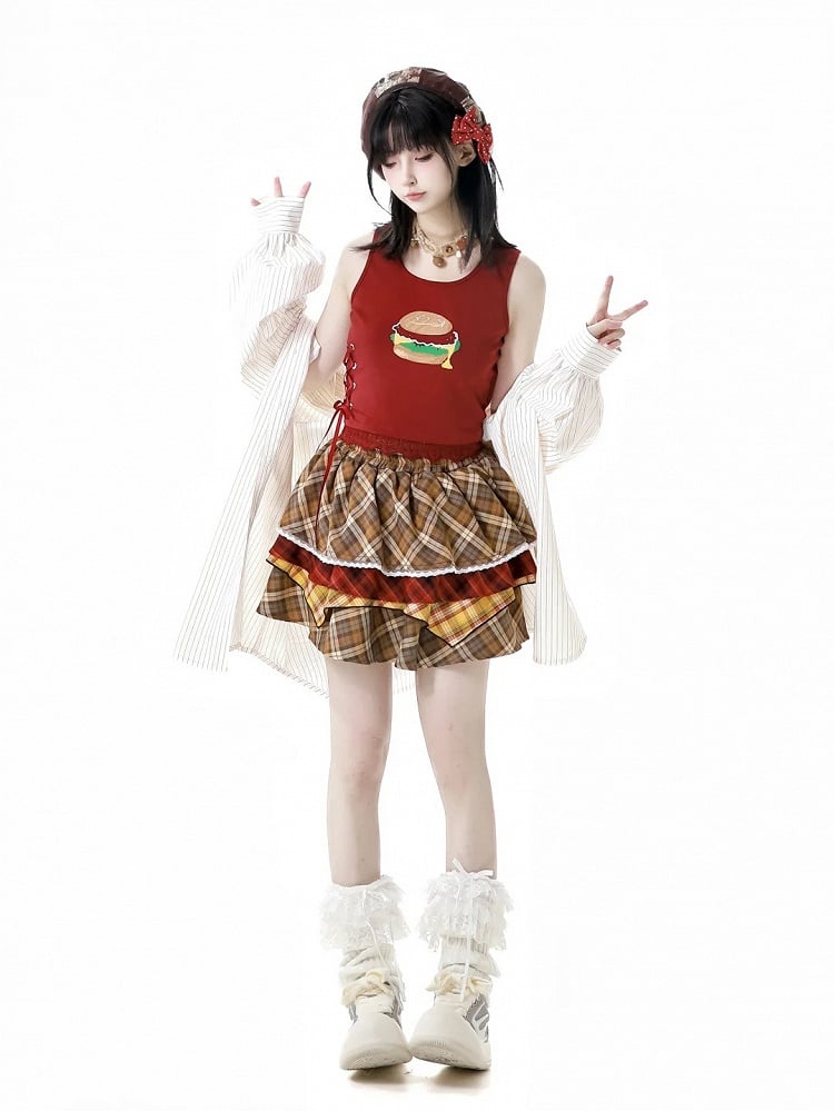 Tiered Skirt Hamburger Theme Pink/Brown Plaid Elastic Waist