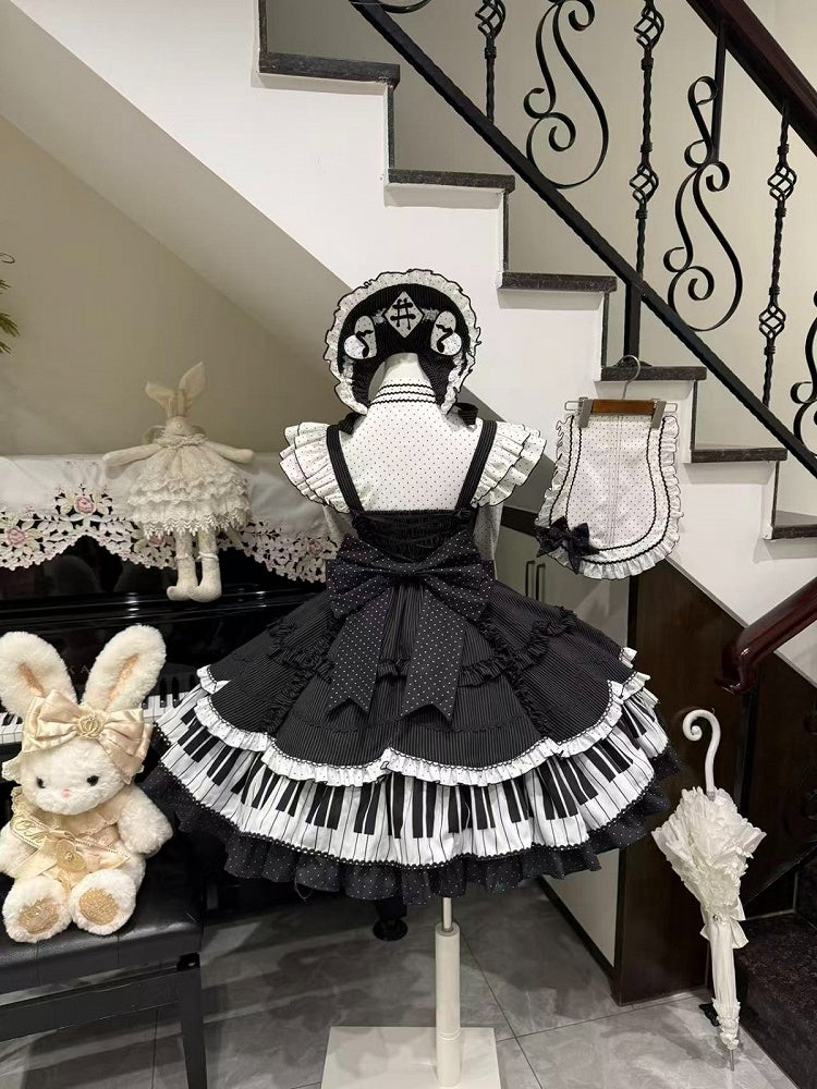 Note-Embroidered JSK with Apron and Bow Train - Alice in Wonderland Lolita