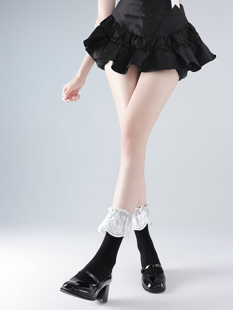 White/Black Lolita Ruffles Cutout Socks Lace Mid-Calf