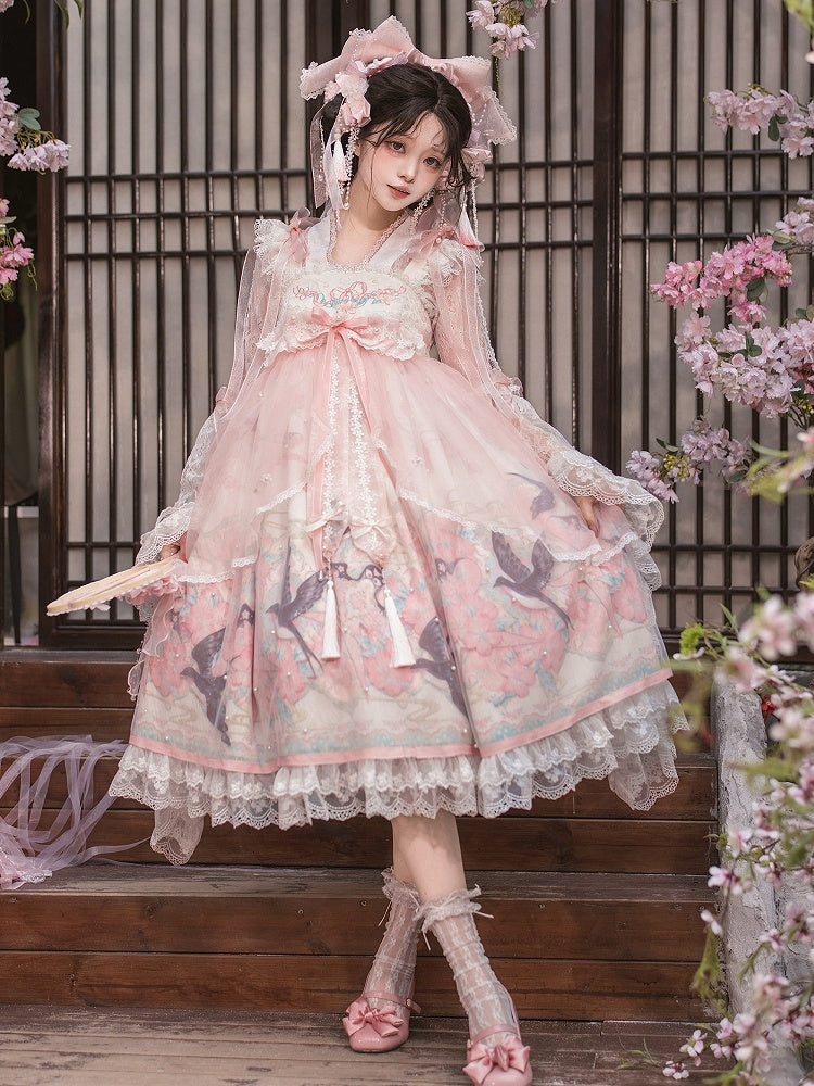 Peach Blossom Print Pink Empire Waist Chinoiserie Lolita Dress with Beaded Sheer Overlay - Dream Magic Box