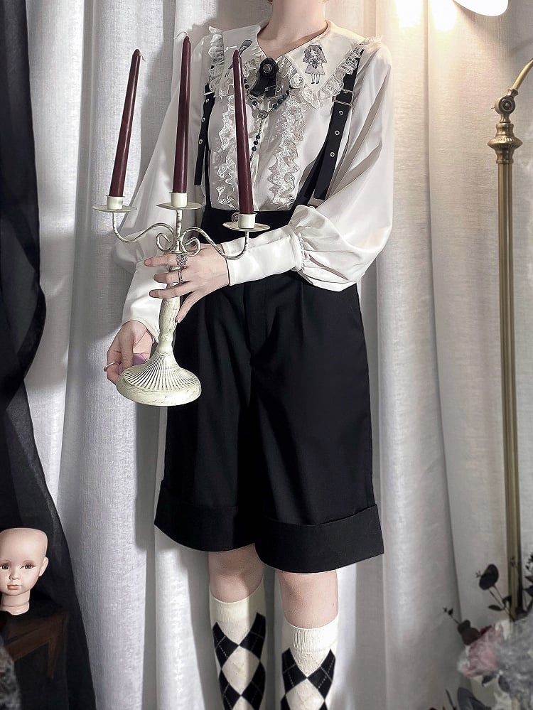 Schwarze Ouji Lolita-Overall-Shorts mit geradem Bein und hoher Taille