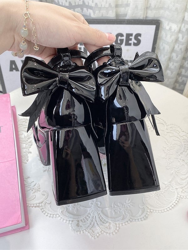 Bow Elegant 8cm Mary Decor Star High-heel Janes Lolita Snap with Black