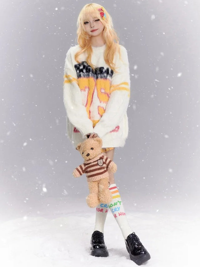 Aprikosen-Zahlenmuster, lockerer Pullover im Preppy-Stil