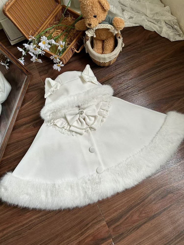 Cape Winter Woolen Faux Hooded Edging with Cat-Ear Fur Lolita White