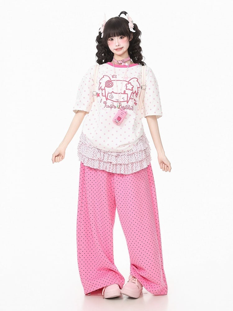 White Short Sleeve Tee with Star & Cartoon Girl Graphic - Languid Park