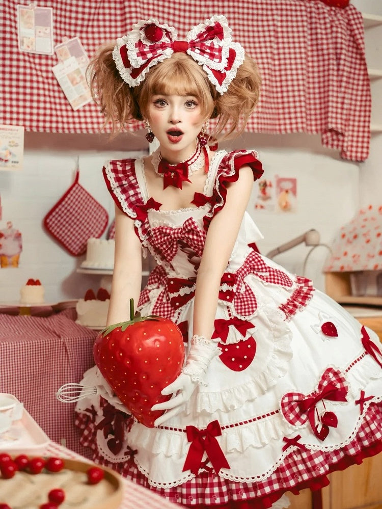 with Flutter White Sweet Gingham Details Dress Lolita Bow Sleeves Red