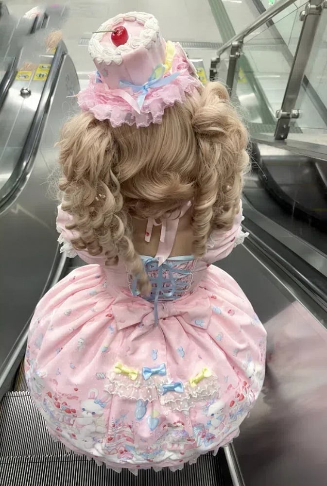 Sleeves Puff Pink Print Dress Sweet Lolita Bunny and Cake Short