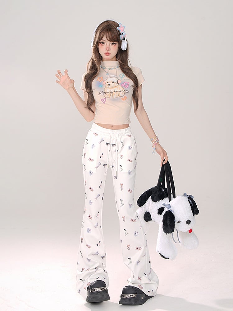 Elastic Comfortable Pattern Cat Flared White Pants: with Leg Kawaii Waist Thicken/Regular