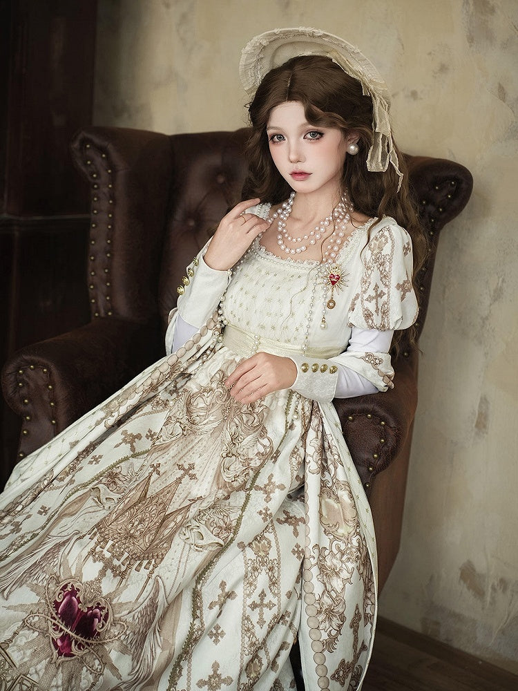 Gold Cross Gothic Lolita Empire Dress with Detachable Sleeves - Unknown Star