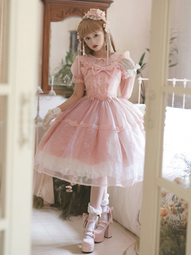 Pink Puff Sleeves Peter Pan Collar Blouse