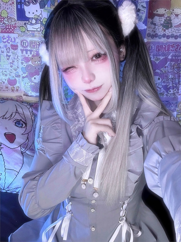 Ombre Bangs 68CM With Wig Air Silver And Black Straight