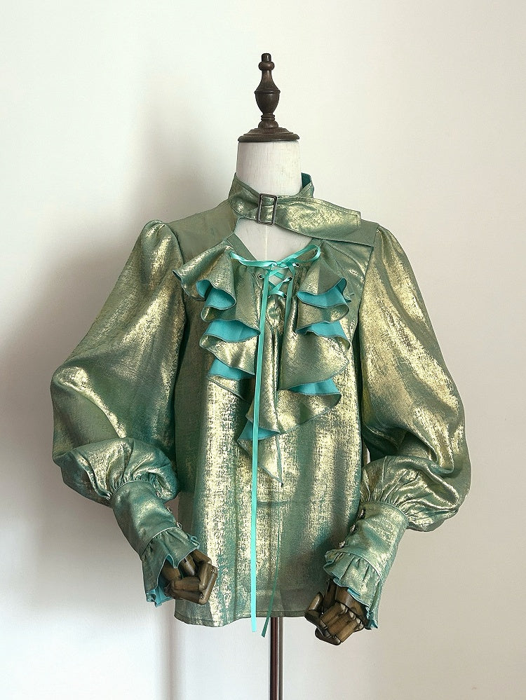 and Green with Ouji Collar Cascading Lolita Vibes Buckled Shirt Pirate Golden Ruffles