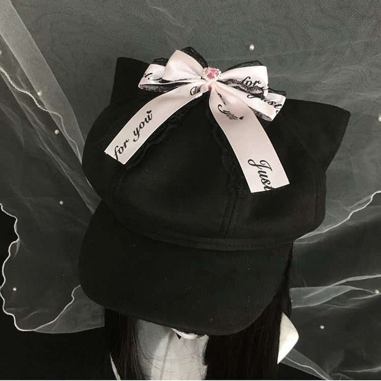 Cat Beret Detachable Bowknot Lace Black/Pink Black with Ear